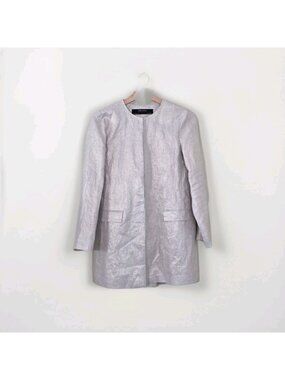 ZARA Linen Metallic Shimmer Longline Blazer XS Oatmeal Beige Lined Quiet Luxury